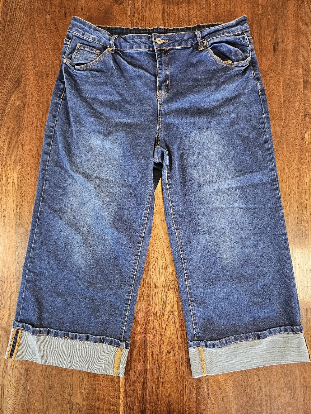 Women's Wide Leg Capris Folded Bottoms Dark Denim Stretchy Size 2XL